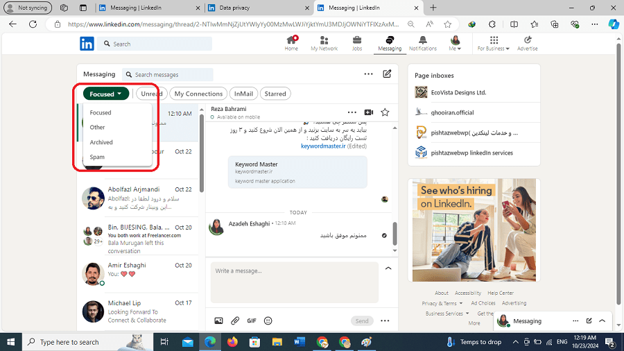 Filter LinkedIn messages if enabled focused2